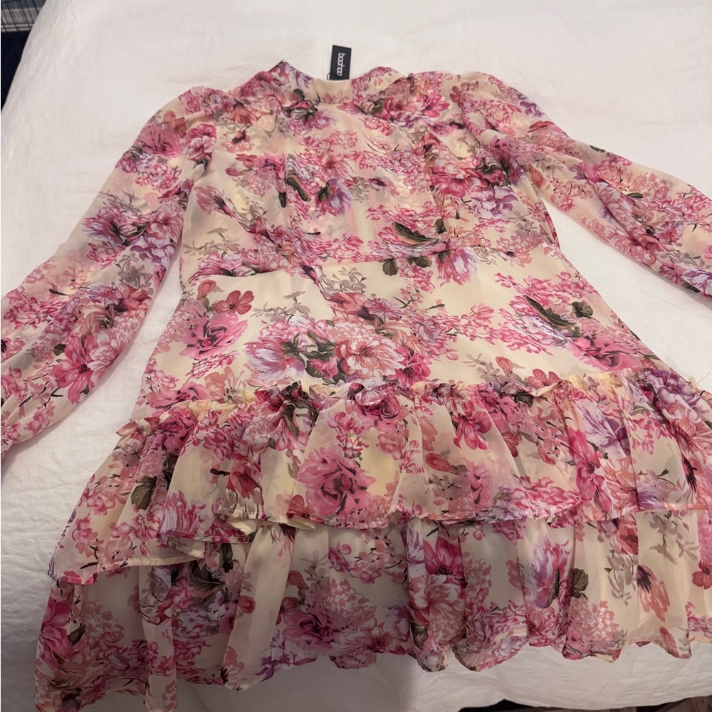 Boohoo Floral Long Sleeve Dress - Pink and Cream NWT